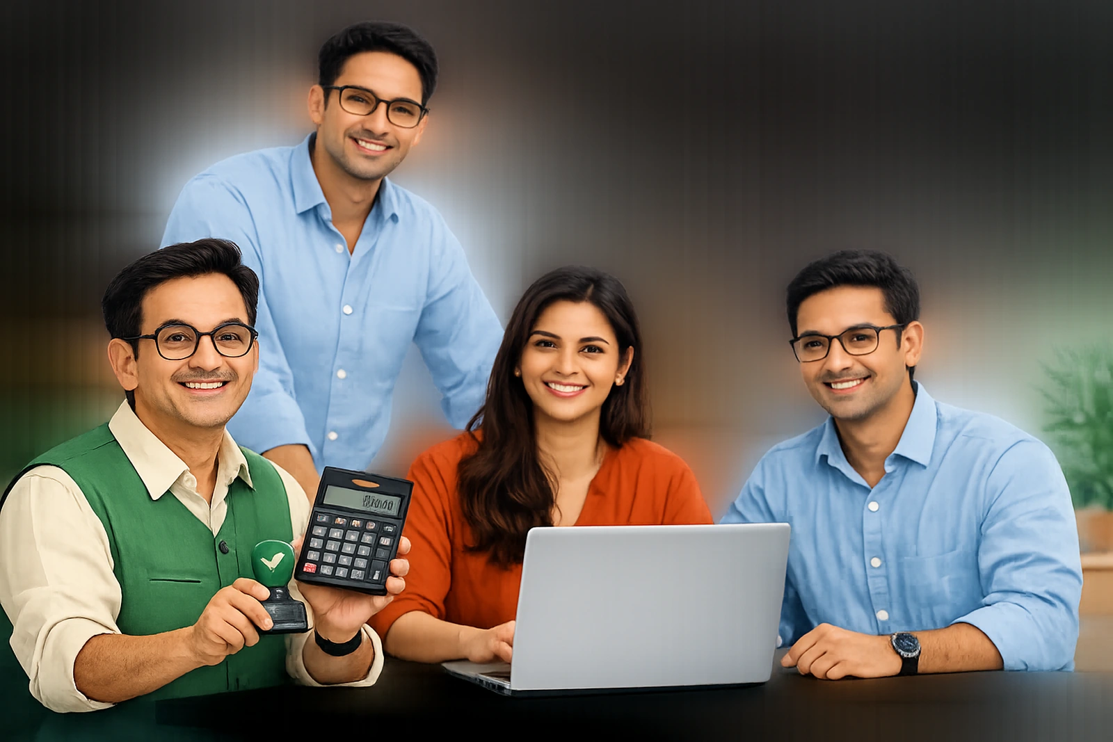 Munim Ji with a professional business team around a laptop