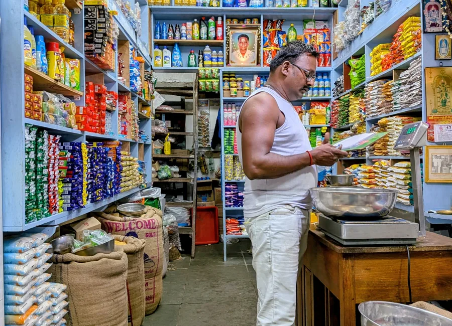 Shopkeeper checking inventory in a grocery store